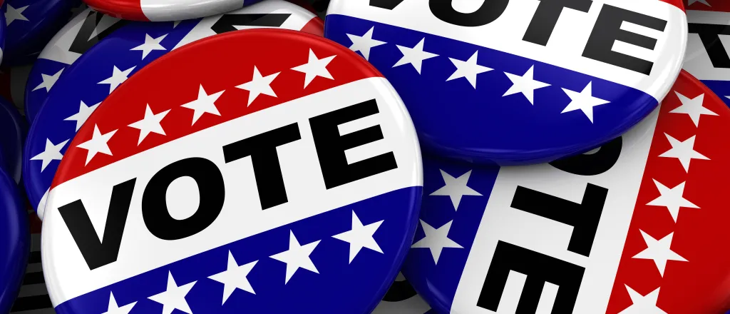 Pile of red, white, and blue lapel pins with the word "Vote"