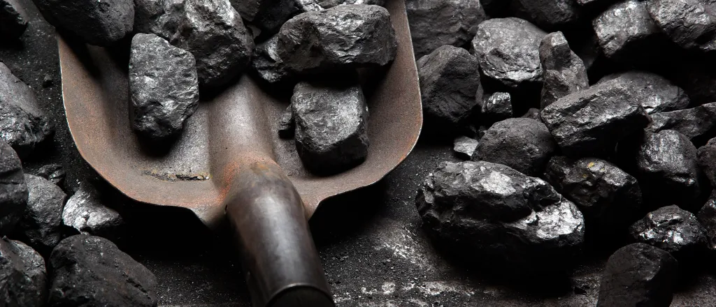 Shovel containing and surrounded by pieces of coal