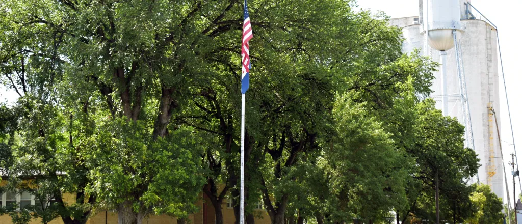 Flags in front of the Kiowa County Courthouse in Eads, Colorado. The building is surrounded by trees.