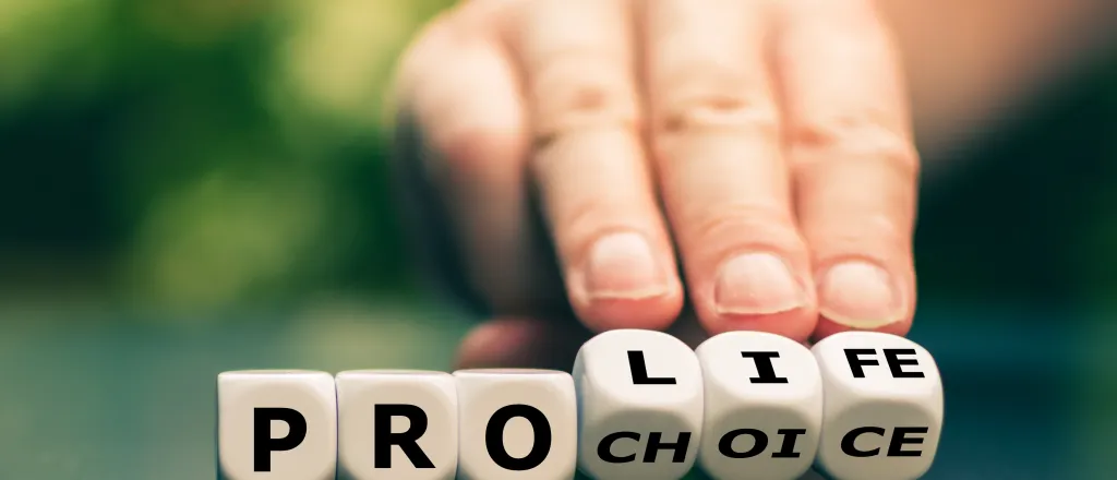 Dice with letters spelling out "Pro Life" and "Pro Choice." A hand tilts the dice to show "Life" and "Choice."
