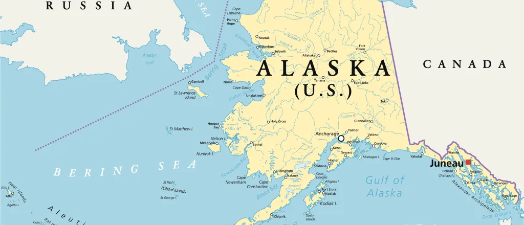 Map of the state of Alaska, showing portions of Canada and Russia