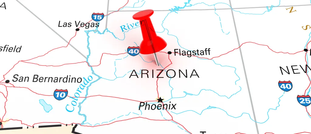 Map of the state of Arizona, showing portions of surrounding states