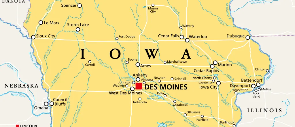 Map of the state of Iowa, showing portions of surrounding states