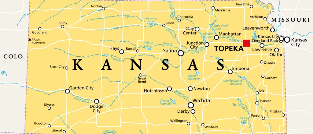 Map of the state of Kansas, showing portions of surrounding states