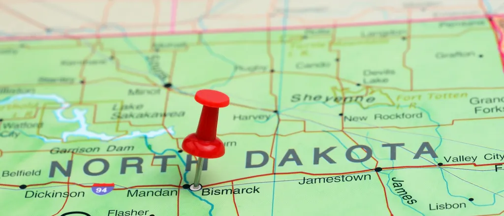 Map of the state of North Dakota, showing portions of surrounding states