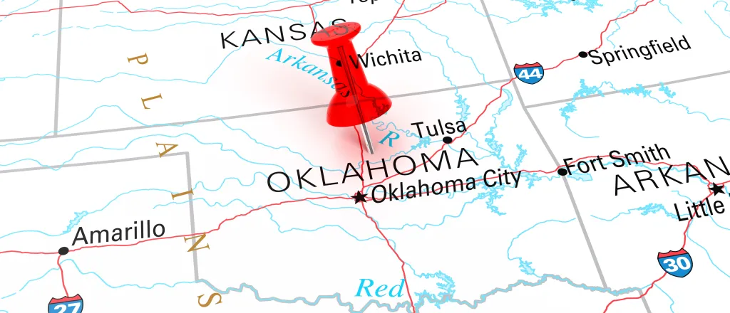 Map of the state of Oklahoma, showing portions of surrounding states