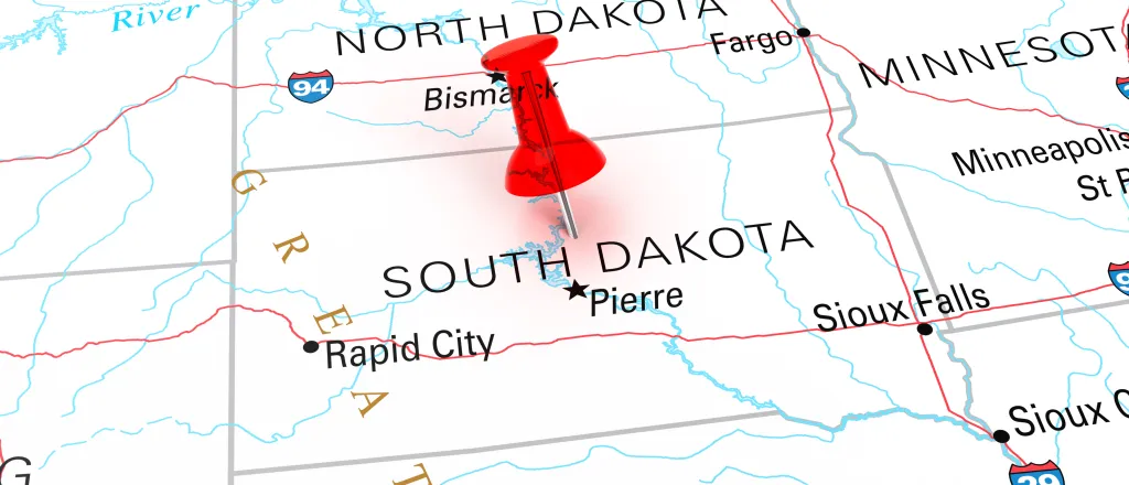 Map of the state of South Dakota, showing portions of surrounding states