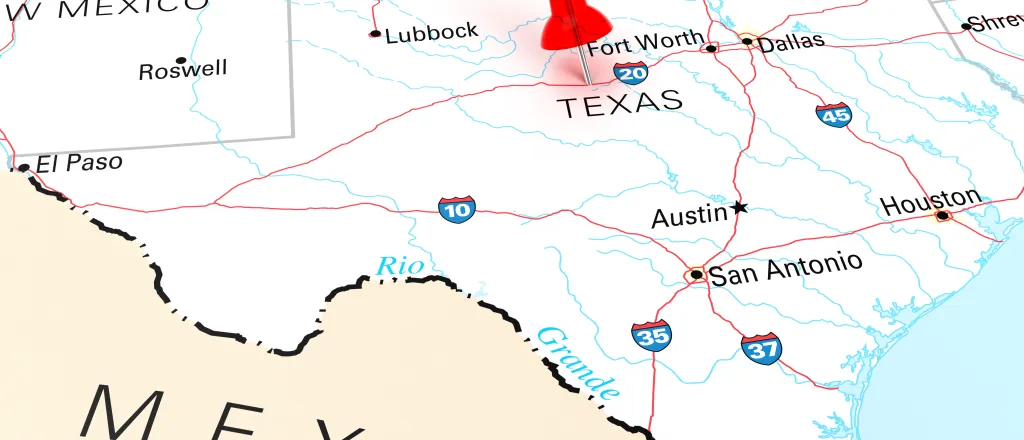 Map of the state of Texas, showing portions of surrounding states