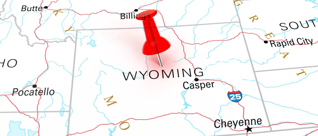 Map of the state of Wyoming, showing portions of surrounding states.