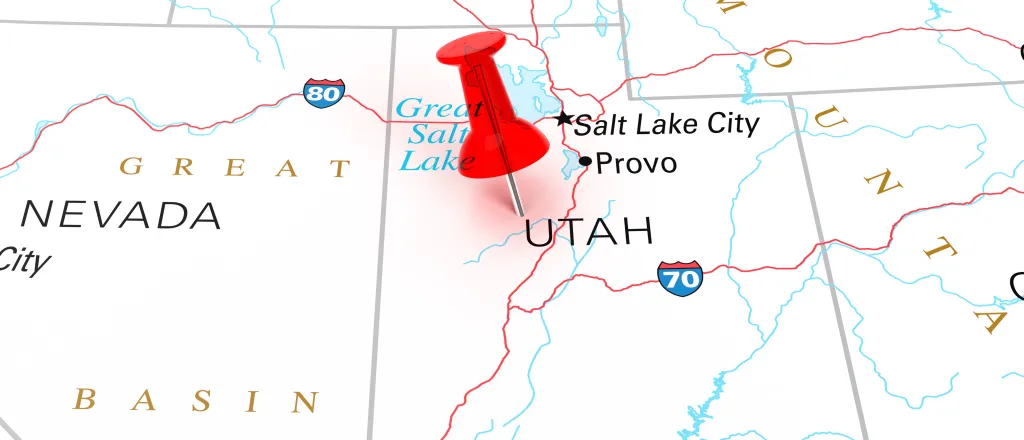 Map of the state of Utah, showing portions of surrounding states.