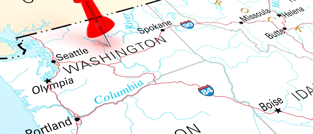 Map of the state of Washington, showing portions of surrounding states