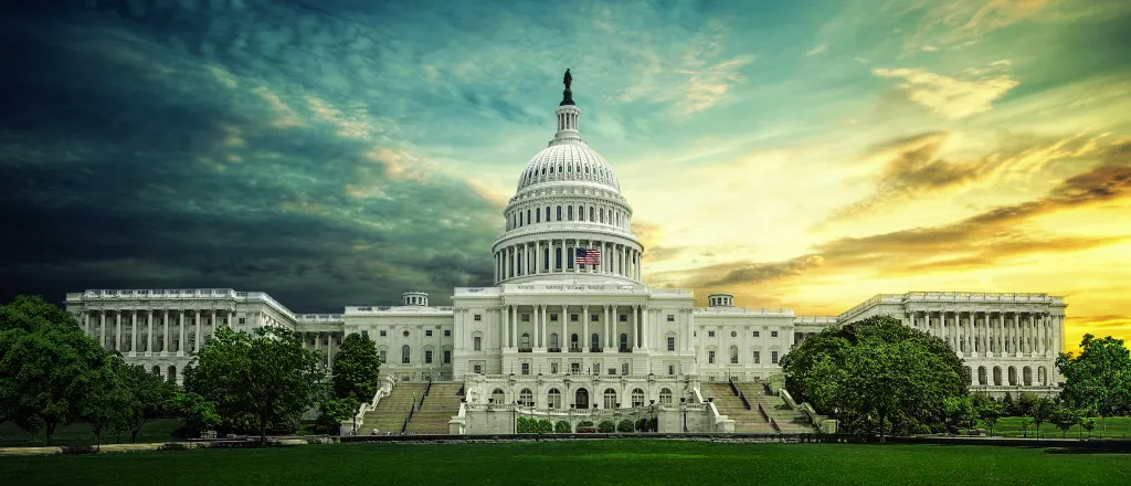 East front door of the United States Capitol building from a distance 