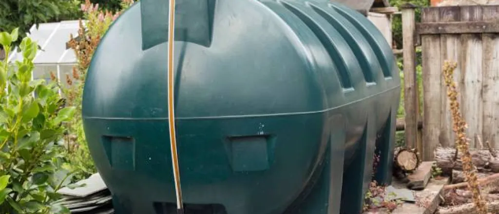A green water tank is in the middle of a garden on a wooden platform. Behind it is a fence.