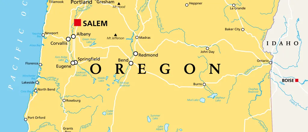 Map of the state of Oregon, showing portions of surrounding states