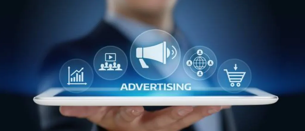 A man holding a tablet like a waiter. The word "ADVERTISING" floats over it, accompanied by various icons. A man holding a tablet like a waiter. The word "ADVERTISING" floats over it, accompanied by various icons.