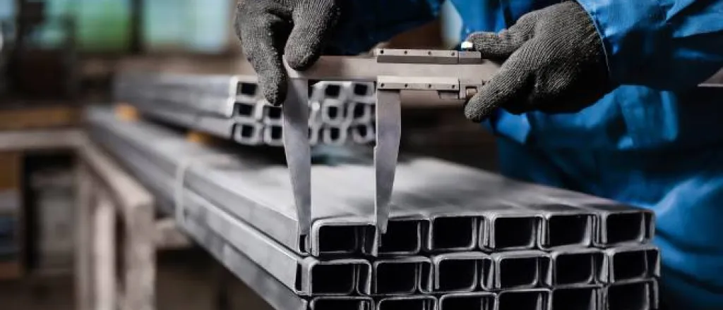 A professional metal fabricator wearing safety gloves as they lay freshly cut metal on a stack of other metal pieces.