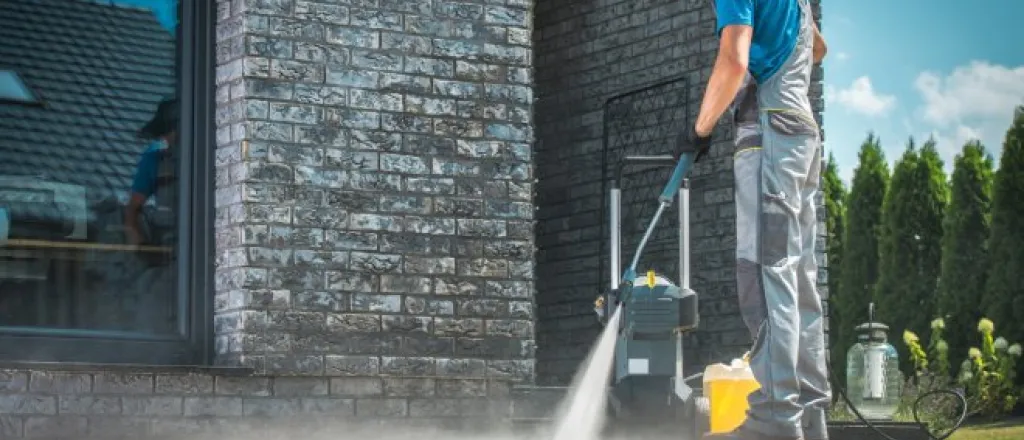 A man wearing overalls uses a pressure washer to clean the concrete patio outside of a large brick home.