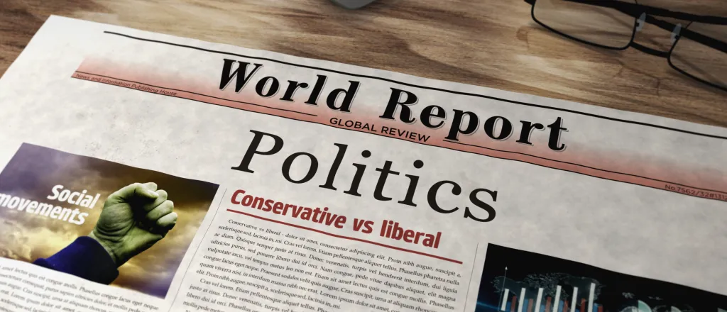 Front page of a newspaper with a headline reading "Politics" next to a pair of glasses.