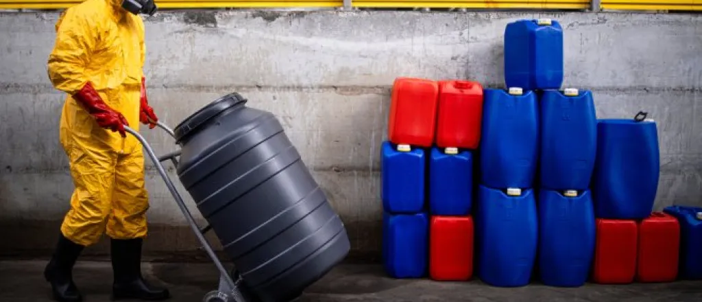 A worker in a yellow hazmat suit and mask is transporting a black hazmat barrel to a storage area near other barrels.