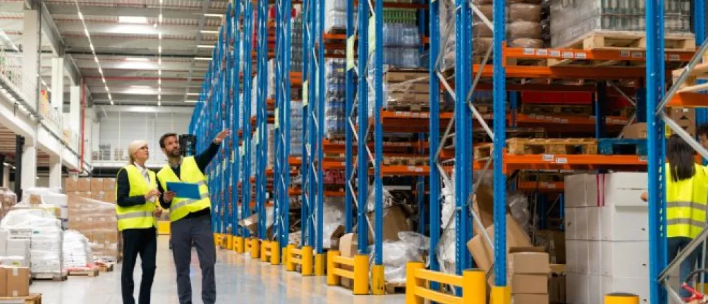 A man and a woman wearing yellow safety vests while inspecting a warehouse containing multiple pallet racks.