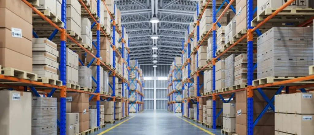  A large warehouse is organized with long rows of shelves covered in pallets and differently sized boxes.