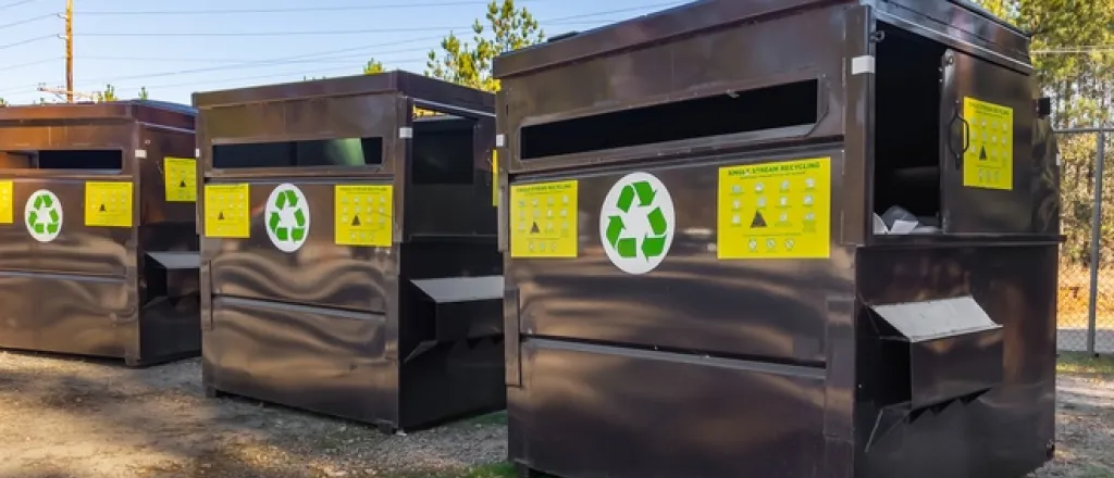 Large commercial recycling hoppers sitting outside. There are three gray hoppers with green recycling logos.