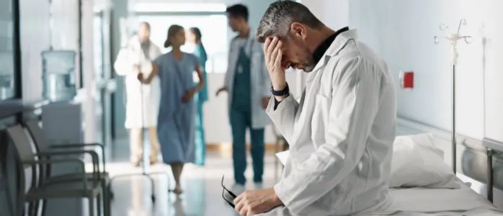 A doctor holding his head in one hand and his glasses in the other, resting on a gurney as other doctors and patients talk in the background.