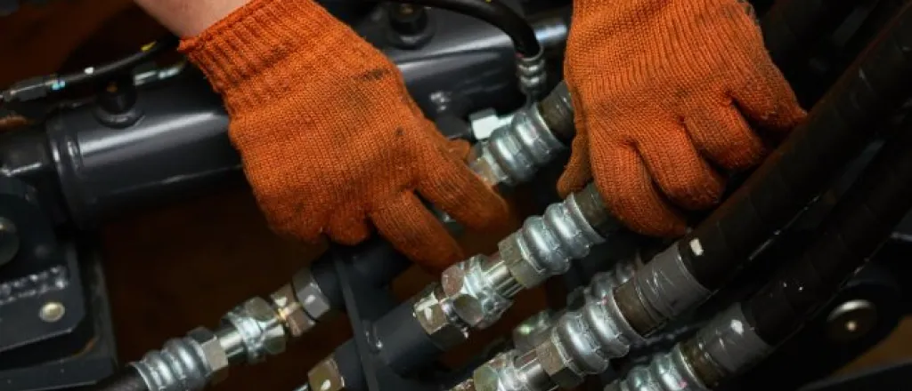 Close-up of a person's hands maintaining a hydraulic hose system. The person wears dirty orange gloves on their hands.