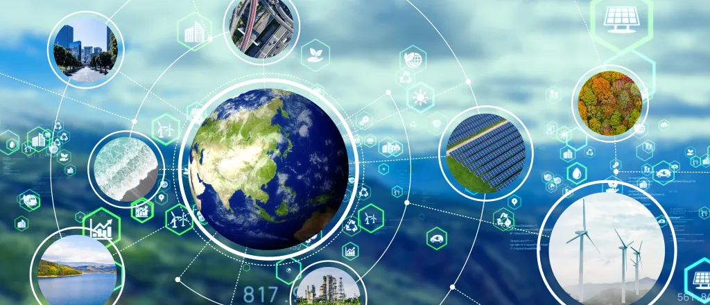 PROMO HIRES Climate - Environment Change Planet Globe Earth Energy Health Environment Solar Wind - iStock - metamorworks Artist's concept showing the Earth with satellite-like bubbles around it showing differing types of energy sources.