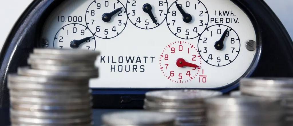 PROMO HIRES Energy - Electric Meter Money Power - iStock - MarkPiovesan Dials on a electric meter with stacks of coins in front.