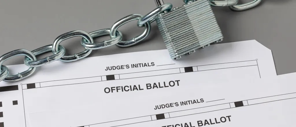 Two election ballots with a padlock and chain representing election security