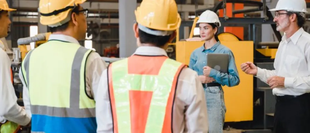 A group of warehouse employees wearing safety vests and hardhats. There are two people teaching a group of four.