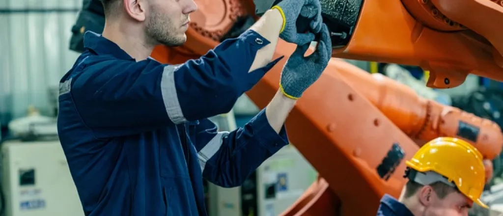 Two people in blue reflective jackets and yellow hard hats maintain orange machinery in a manufacturing facility.