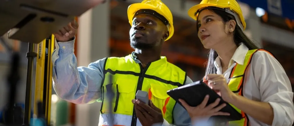 Must-have tools for warehouse safety compliance Two people looking at something in a warehouse. Both of them are wearing safety helmets and high-visibility vests.