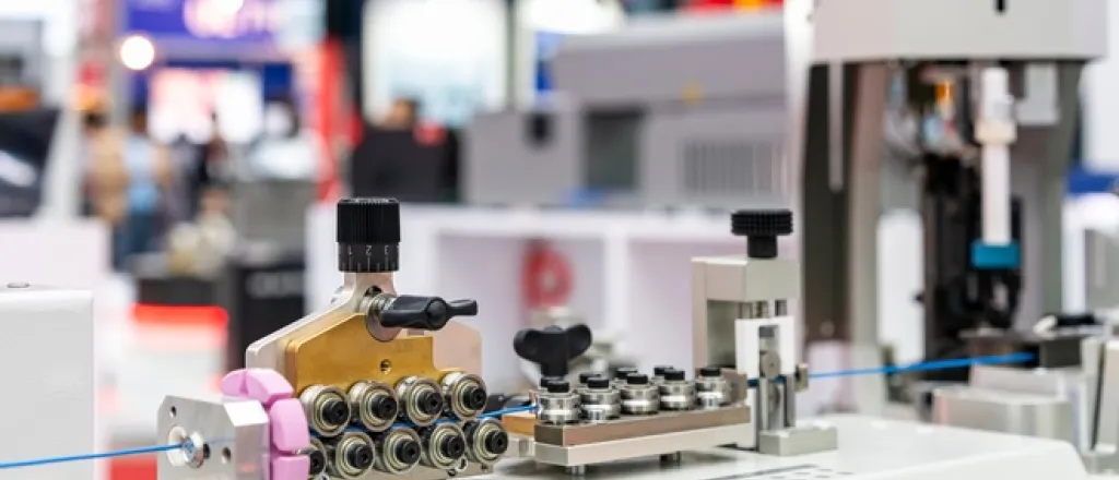 A metal roller guide feeder module device for automatic wire cable stripping and crimping in a workshop.