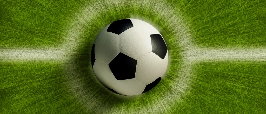 Overhead view of a soccer ball/football on a grassy background with a chalk outline.