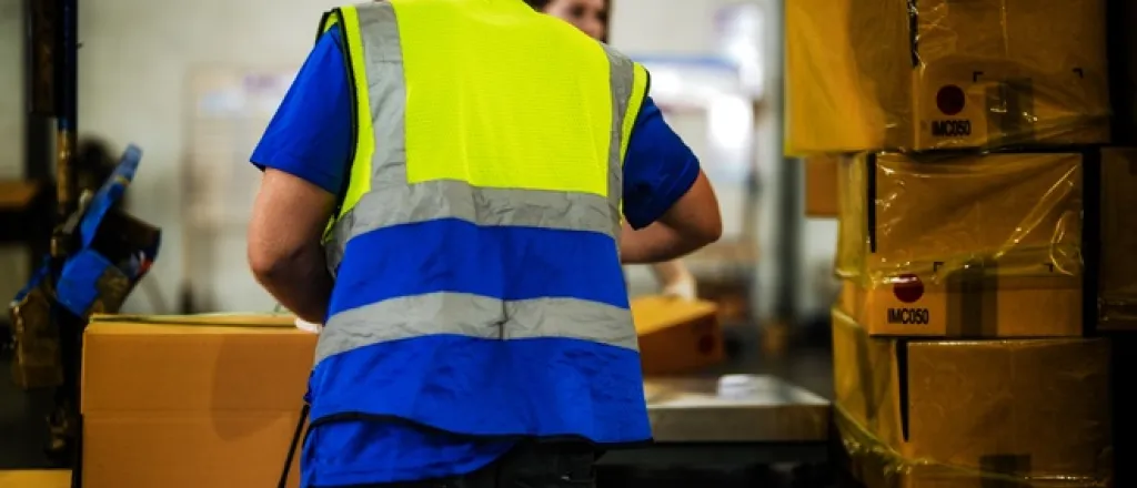 Two people working in a warehouse. They're packing boxes and stacking them together for shipment, wrapped tightly.