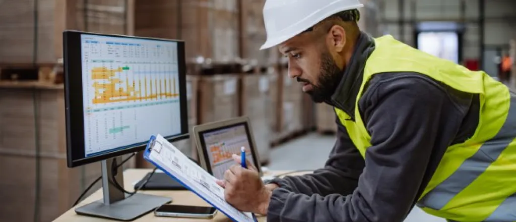 Ways Reusing Items Can Save Your Warehouse Money A warehouseman, wearing a neon yellow vest and a white hard hat, is checking the delivery and stock on a computer.