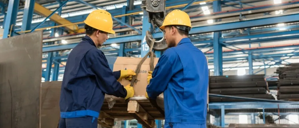 Two people are handling a box that is attached to a pully system. The people are both wearing blue coveralls.