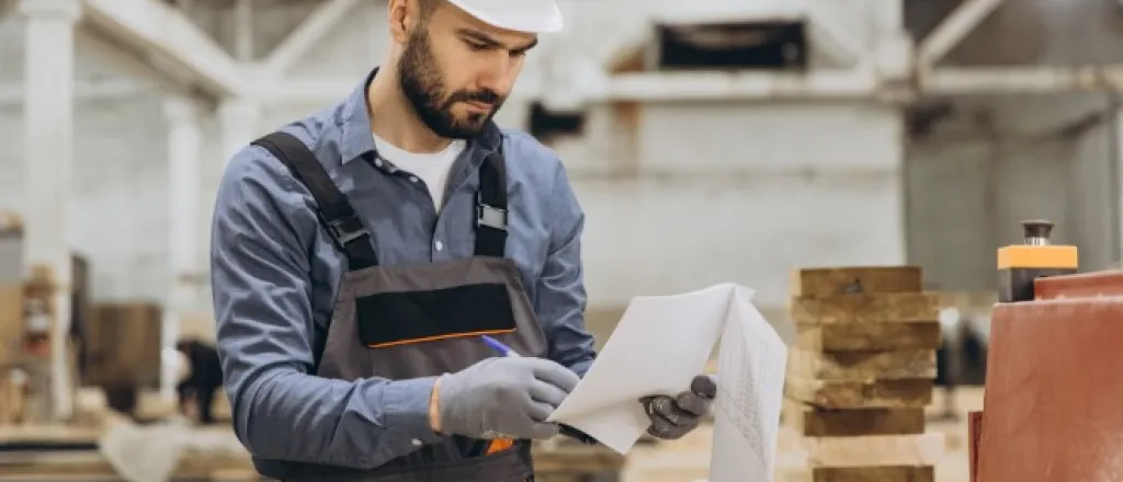 A carpenter wearing a white hard hat flips through documentation while standing next to his workstation.