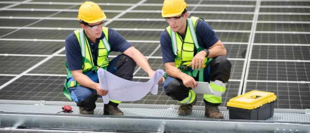 Two people standing near solar panels, holding and looking at blueprints while examining the installation site.
