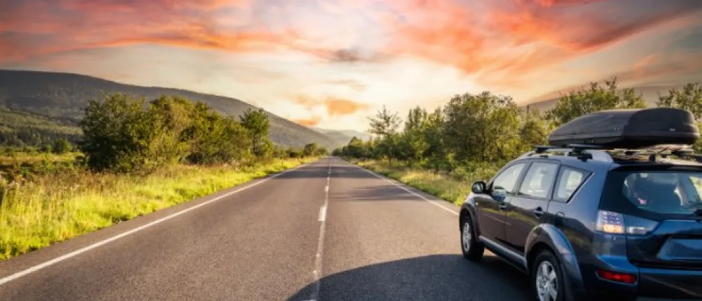 A car is driving down a road. On either side of the road are rows of trees and there are rose-colored clouds in the sky.