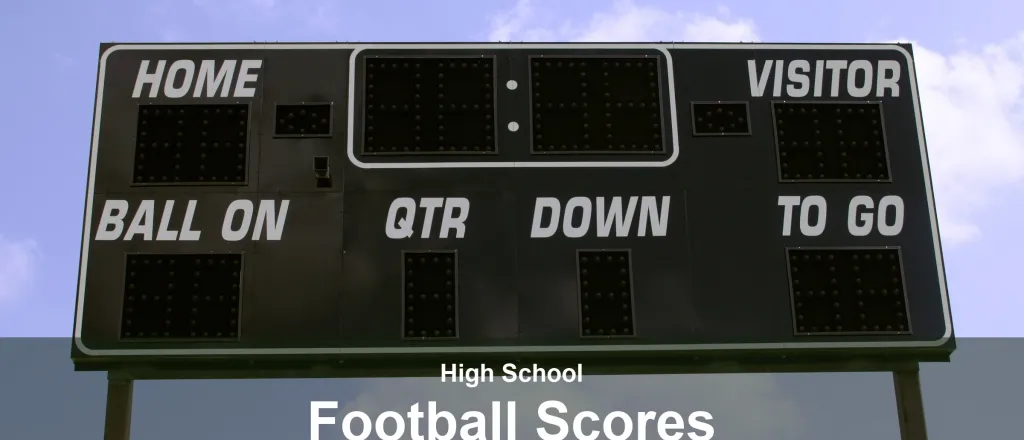 A school football scoreboard reading home, visitor, ball on, qtr, down and to go against a blue sky. The image reads “High School Football Scores”.
