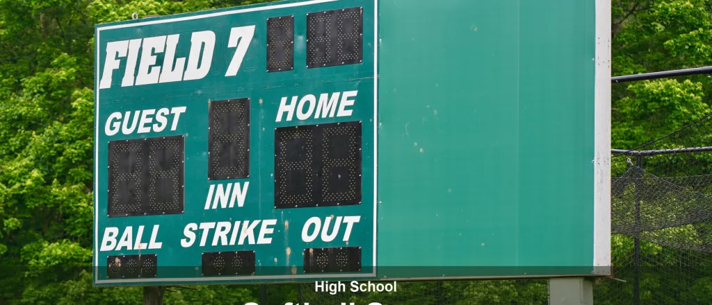 A green ballpark scoreboard reading guest, home, inn, ball, strike and out in front of summer trees. The image reads “High School Softball Scores”.