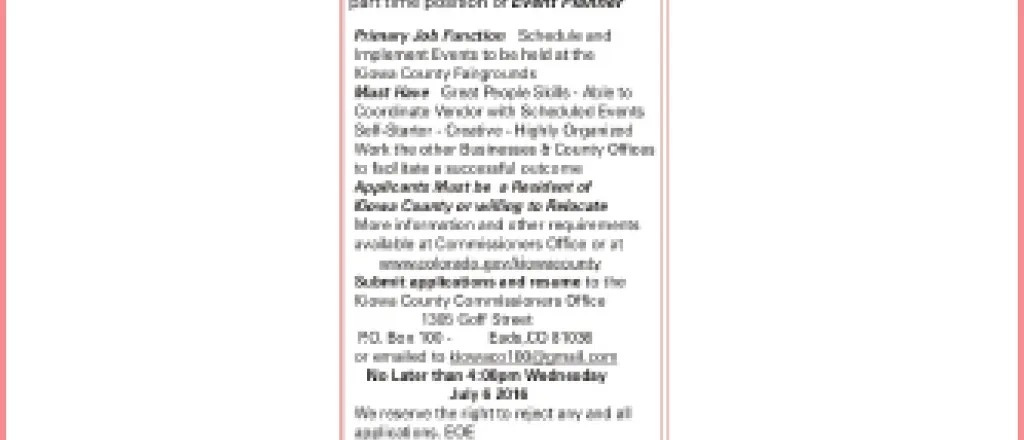 Help Wanted - Kiowa County Event Planner
