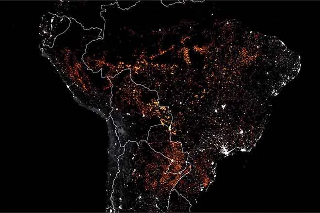 PICT Satellite image of Amazon rainforest fires - EarthTalk - Joshua Stevens, NASA Earth Observatory