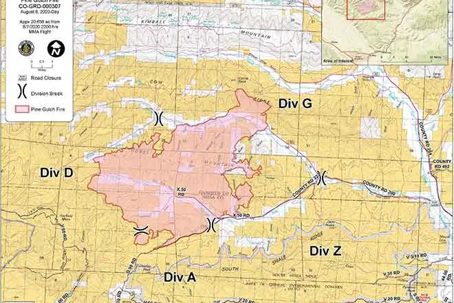 MAP Pine Gulch Fire in Mesa County north of Grand Junction in August 2020.
