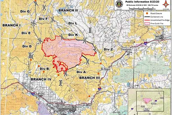 MAP Pine Gulch Fire perimeter as of August 23, 2020