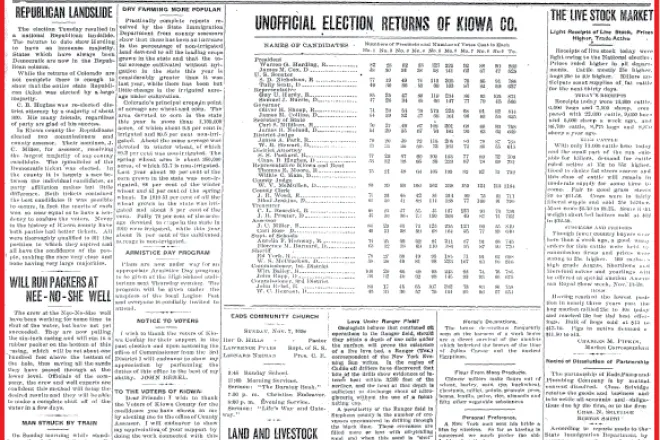Photo of the Week - 2020-11-06 - Election results from 100 years ago on the front page of the November 5, 1920 edition of the Kiowa County Press in Eads, Kiowa County, Colorado.