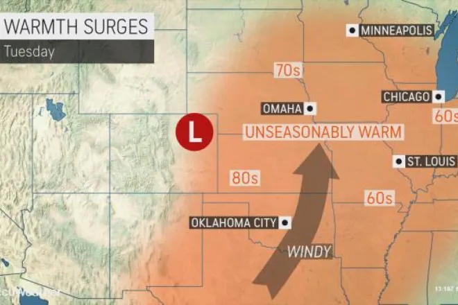 MAP Warm temperatures surge Tuesday, March 9, 2021 - AccuWeather